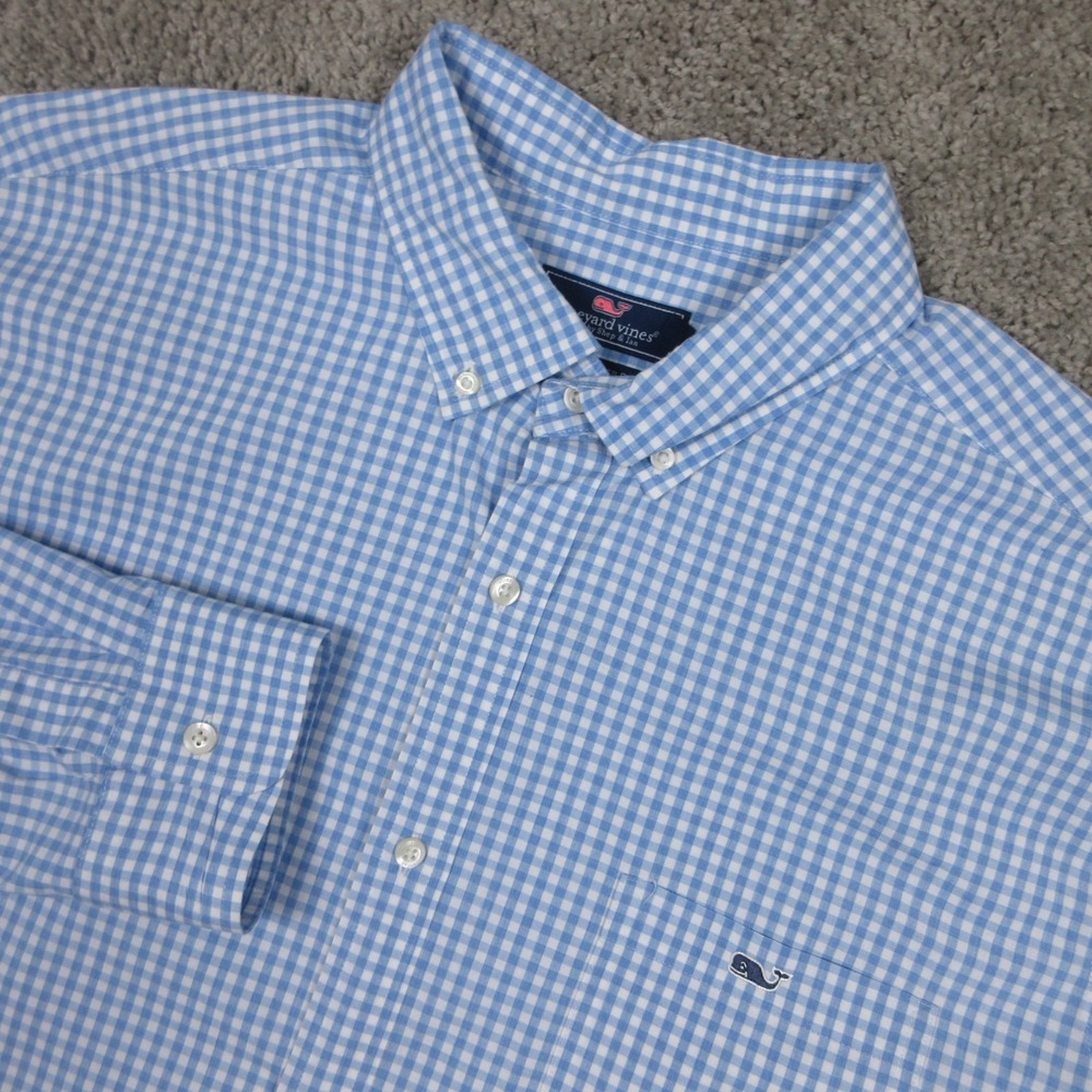 Vineyard Vines Shirt Men 2XL Blue Gingham Classic Fit Tucker Flex Logo Button Up